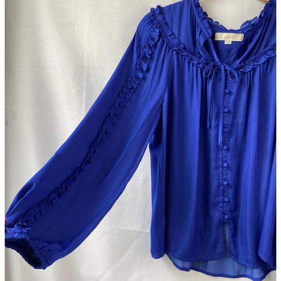 Ann Taylor LOFT Boho Blouse Top Women M Lot of 2 Royal Blue Blush Ruffle Pleated - Picture 4 of 11